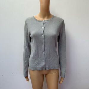 Garnet Hill gray 100% cashmere long sleeve crew neck cardigan sweater S HOLES